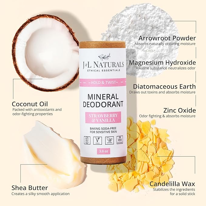 J&L Naturals Mineral Deodorant | Baking Soda-Free, 100% Natural, Sustainable | Sensitive Deodorant For Women & Men | Aluminum Free, Vegan, Cruelty-Free (Strawberry & Vanilla, 3 Oz (Pack of 2))
