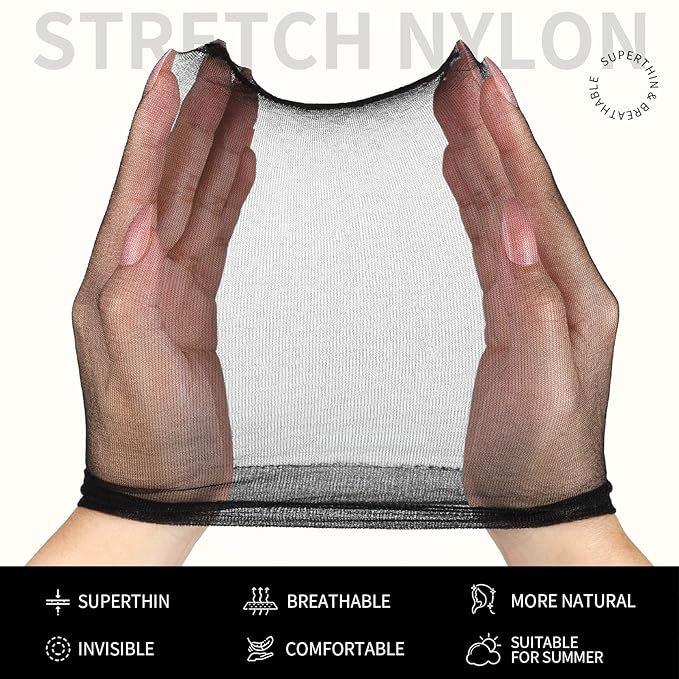 Fandamei HD Wig Caps Super Thin, 4PCS Ultra Thin Black, Nylon Wig Cap for Women Stretchy, Natural Transparent HD Wig Caps for Lace Front Wigs. Summer Wear Comfortable Wig Cap(Black)