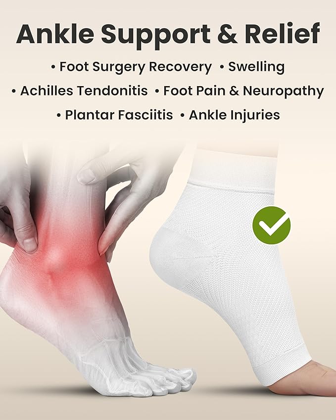KEMFORD Ankle Compression Sleeve - 1-Pair, Plantar Fasciitis Braces - Open Toe Compression Socks for Swelling, Sprain, Neuropathy, Foot Arch Support for Men and Women - 20-30mmhg, M, White