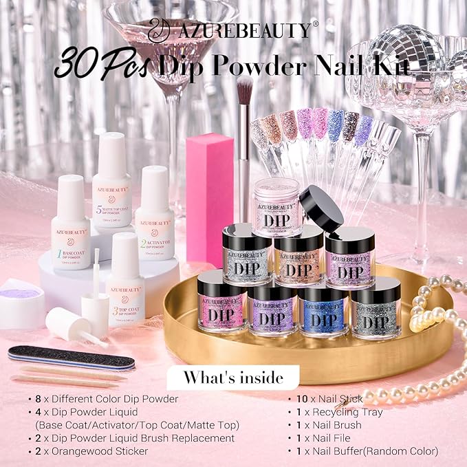 AZUREBEAUTY Dip Nails Powder Starter Kit, Silver Pink Blue Purple Black Shiny Chrome Platinum 8 All Season Colors with Nail Sticks, Base Glossy/Matte Top Coat Activator Liquid Set Manicure Art 30 PCS