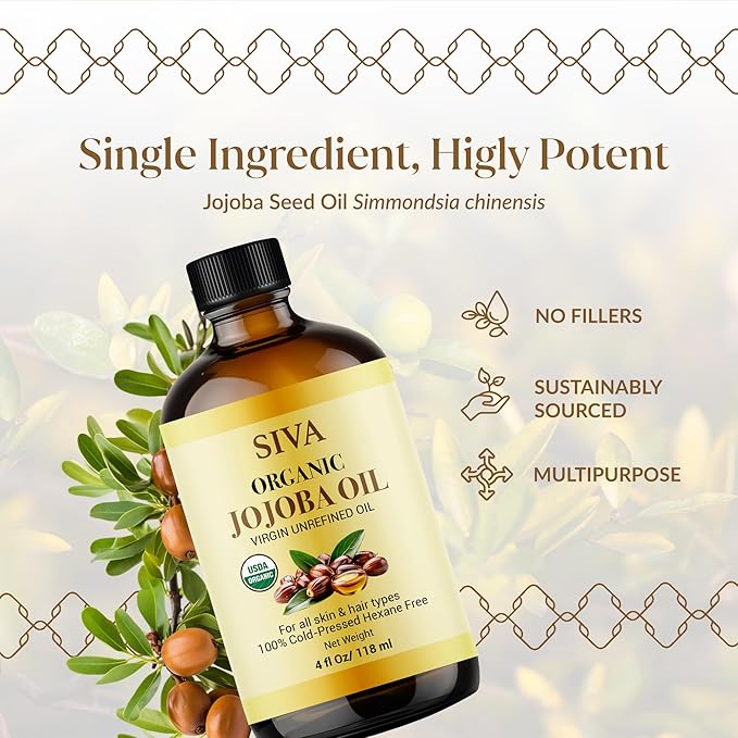 Siva Jojoba Organic Oil 4oz (118ml) Premium Cold-Pressed 100% Natural Organic Carrier Oil with Dropper for Face, Skin Care, Body Massage, Hair Care, Hair Oiling & Scalp Massage
