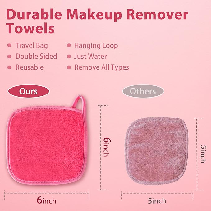 | Reusable Update Makeup Removing Microfiber Cloth for Sensitive Skin | Washable Makeup Remover Towels | Natural Facial Cleansing Towels (6”x 6”, 12 Pack/Pink)