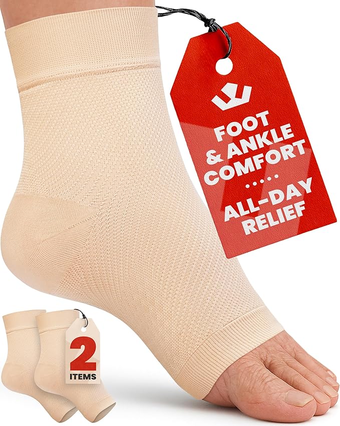 KEMFORD Ankle Compression Sleeve - 1-Pair, Plantar Fasciitis Braces - Open Toe Compression Socks for Swelling, Sprain, Neuropathy, Foot Arch Support for Men and Women - 20-30mmhg, 2XL, Beige