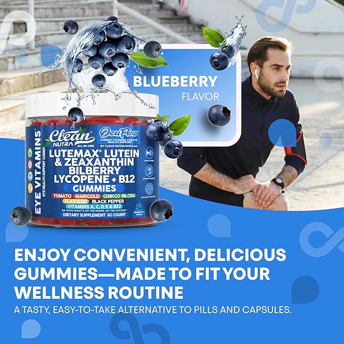 Clean Nutra Lutein and Zeaxanthin Eye Vitamins Gummies + Bilberry for Eyes Vision Support Ginkgo Biloba Marigold, Vitamin B12 Flaxseed Black Pepper CoQ10 Vitamin A l 60 Count B OcuFlow
