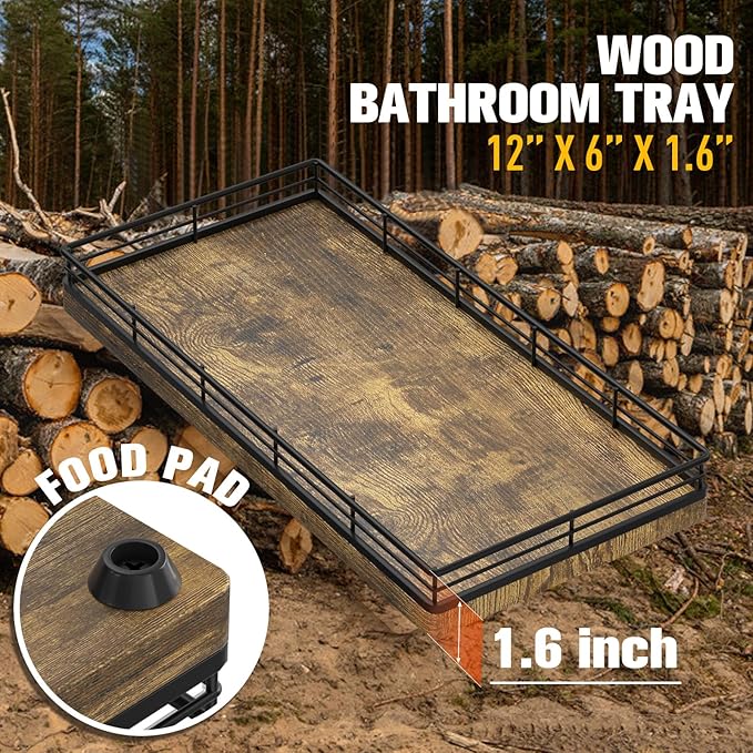 Bathroom Vanity Tray – 12" x 6" Decorative Wooden Tray for Toilet Tank Organizer Wood Tray for Bathroom Countertop, Soap, Perfume & Accessories Storage Vanity Dresser Decor Black & Rustic Brown