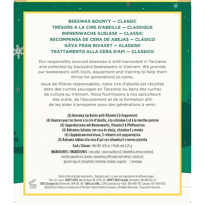 Burt’s Bees Christmas Gifts, 4 Lip Balm Stocking Stuffers Products, Beeswax Bounty Classic Set - Original Beeswax Moisturizing Lip Balm (Pack of 4)