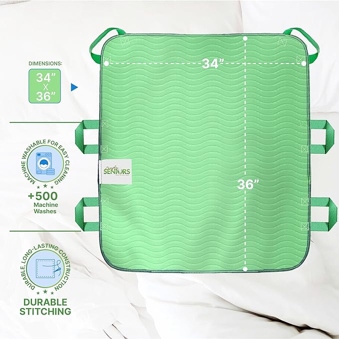 Absorbent Positioning Bed Pads for Elderly with 6 Handles 34"x36"- Washable Waterproof Incontinence Draw Sheets - Reusable Bed Mobility Under Pads for Seniors Disabled & Bedridden Patients-Fast-Drying