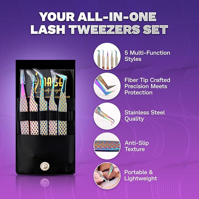 5 Pcs Fiber-Tip Japanese Steel Lash Tweezer Set with Leather Case, Professional Eyelash Tweezers for Lash Extensions – Titanium Coated, 90 & 45 Angled, Precision Pointed Tweezers (Rainbow Color)