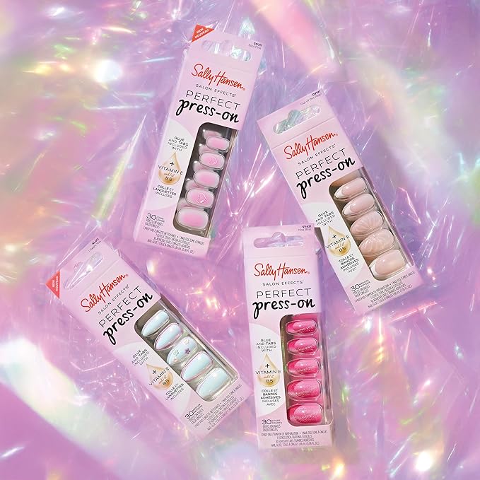 Sally Hansen Salon Effects Perfect Press-On Pink Nails | Oval Shape, 3D Design | Easy to Apply, Non-Damaging, Vitamin E & B5 | 30 Nails, Nail Glue, Adhesive Tabs, File| State of the Heart