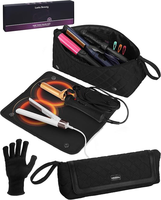2-in-1 Hot Hair Tools Travel Bag, Removable Heat-Resistant Silicone Mat, Clear Pockets for Accessories, Protects Surfaces from Burns, Ideal for Curling & Flat Irons, Includes Heat-Resistant Glove