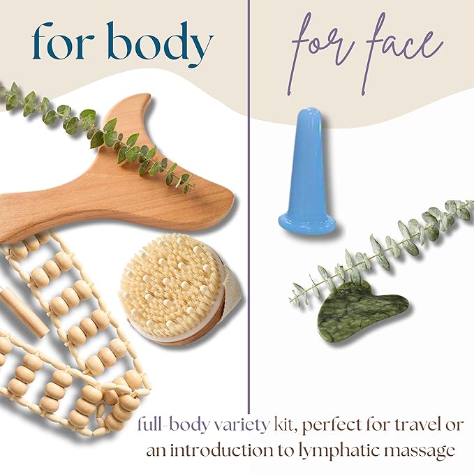 Abundantly Made Co. 6-Piece Lymphatic Drainage Massage Kit | Dry Brush, Wooden Paddle, Rope Roller, Jade Gua Sha, Silicone Cup, Linen Bag & E-Book | Wood Therapy, Maderoterapia & Body Sculpting Tools