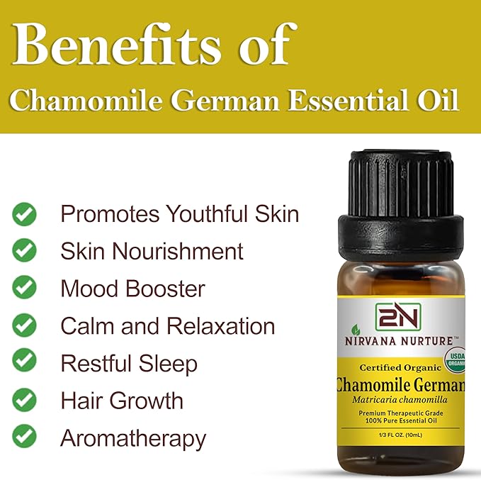 Chamomile German Essential Oil USDA Certified Organic, 100% Pure Natural Premium Grade, Undiluted- Aromatherapy Diffuser for Calm and Relaxation, Skin Care, Hair Care