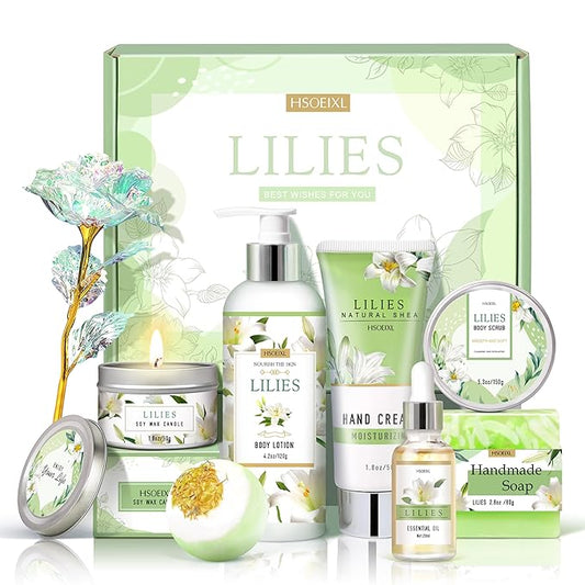 Gifts for Women, Birthday Gifts for Women, Bath and Body Gifts Set, Lilies Self Care Set,Christmas Mothers Day Relaxing Spa Basket for Mom, Grandma, Girlfriend, Sister, Friends