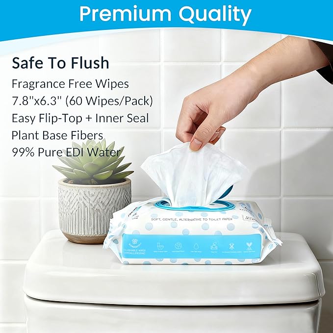 WONDERFUL Flushable Butt Wipes, Unscented 100% Plant-Based Wet Wipes for Adults & Kids, Sewer & Septic Safe, Gentle for Sensitive Skin, Wipes Flushable Pack for Bathroom & Travel, 3-Pack (180 Counts)
