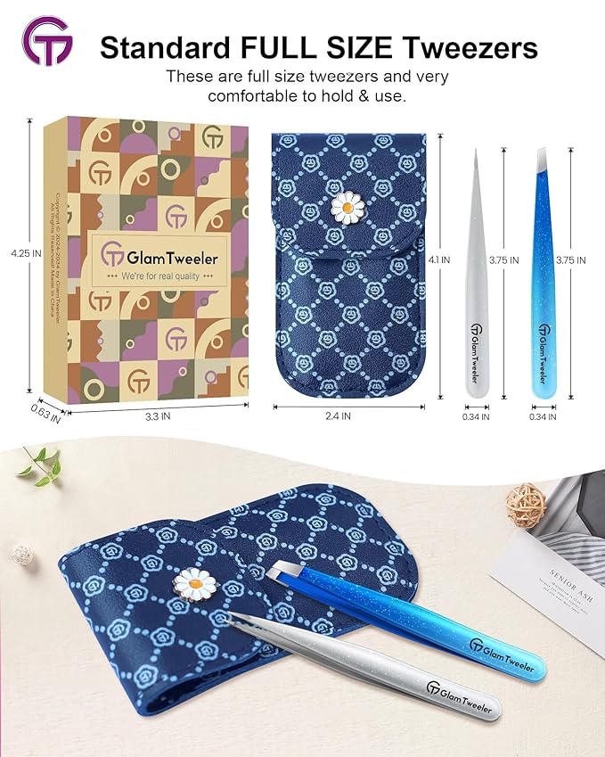 Expert Slant and Point Tip Tweezer Set with Exclusive Storage & Carrying Case, GlamTweeler Sharp & Precision Tweezer Set for Eyebrows, Facial Hairs & Fine Hairs Removal (Sparkle Royal Blue + Silver)