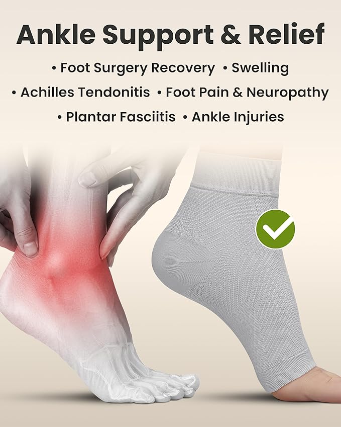 KEMFORD Ankle Compression Sleeve - 1-Pair, Plantar Fasciitis Braces - Open Toe Compression Socks for Swelling, Sprain, Neuropathy, Foot Arch Support for Men and Women - 20-30mmhg, 2XL, Grey