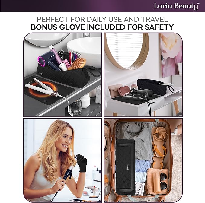 2-in-1 Hot Hair Tools Travel Bag, Removable Heat-Resistant Silicone Mat, Clear Pockets for Accessories, Protects Surfaces from Burns, Ideal for Curling & Flat Irons, Includes Heat-Resistant Glove
