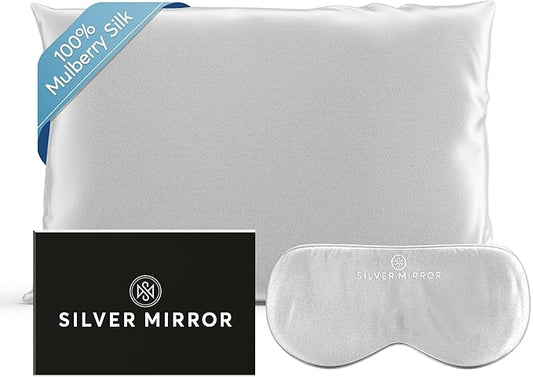 Silk Sleep Essentials Set in Silver: Pillowcase and Eye Mask, 25" x 19.5" Fits Standard Queen Pillow, 22mm 6A Grade, for Gentle Sleep, Anti-Breakage, Tangles, Creases, and Wrinkles