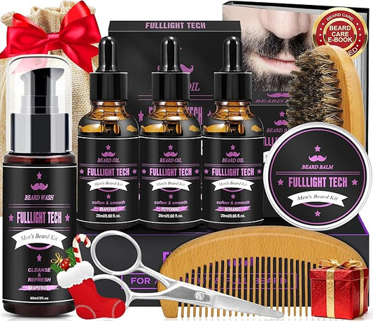 Boyfriend Birthday Gifts,Beard Care Kit Includes 3 Scented Beard Oil,Grapefruit Beard Shampoo & Balm, Brush, Comb,Scissors,Cool Men Stuff Christmas Stocking Stuffers Gifts for Men Him Dad Husband