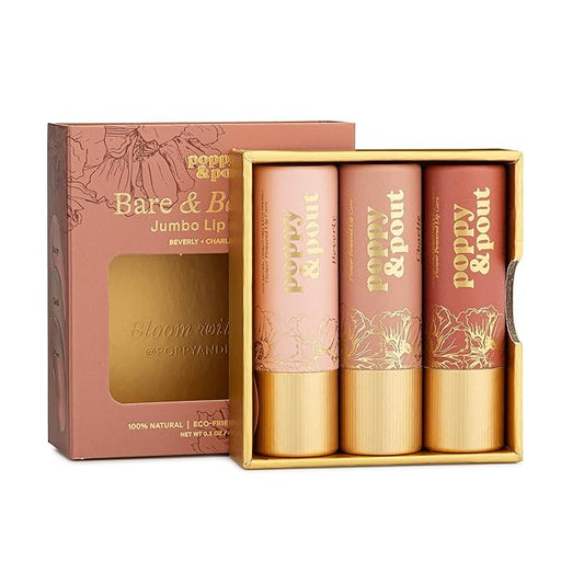 Poppy & Pout All Natural Lip Tints, Sustainable Cardboard Tubes, Hand-filled, Beeswax, Vitamin E, Coconut Oil, Cruelty Free (Bare & Beautiful Trio)