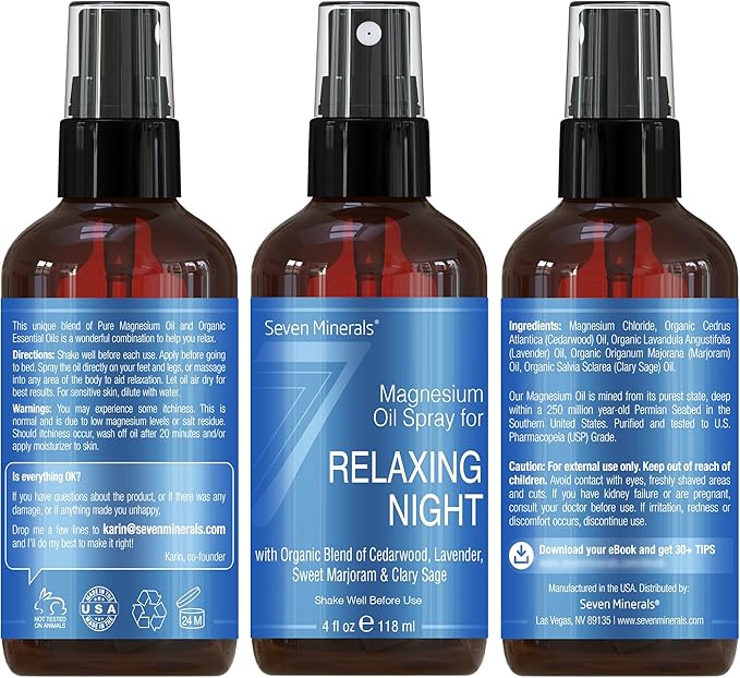 Seven Minerals Relaxing Night Magnesium Spray, Powerful Organic Blend of Essential Oils (Cedarwood, Lavendar, Sweet Marjoram, & Clary Sage) 4 fl oz