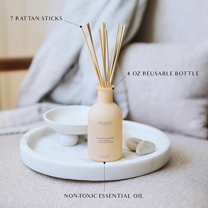 Benevolence LA Reed Diffuser - Orange, Cedarwood & Clove | Home Fragrance Diffuser for Home & Bathroom | Long-Lasting Scent Sticks - Malibu Sands Collection