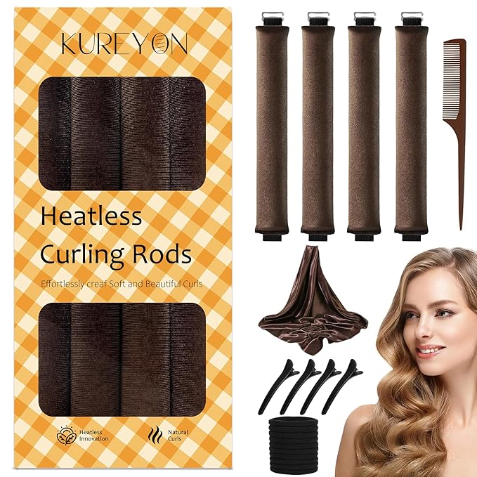Overnight Heatless Hair Curler- 4 Piece Set- Jumbo Heatless Curls- Satin Flexi Rods to Sleep in- No Heat Curler Overnight Sleeping Curls Styling Tools- Gentle Rollers for All Hair Types