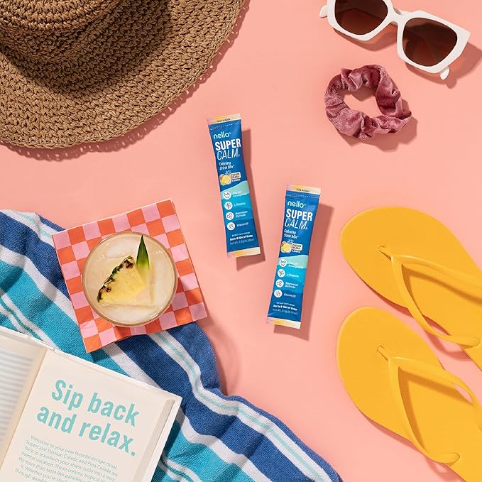 Nello Supercalm Powdered Drink Mix, Cortisol Reducer* and Sleep Aid Supplement, L Theanine, Ksm-66 Ashwagandha, Magnesium Glycinate, Vitamin D 3, No Sugar, Non GMO, On The Go, 20 Ct, Passion Colada