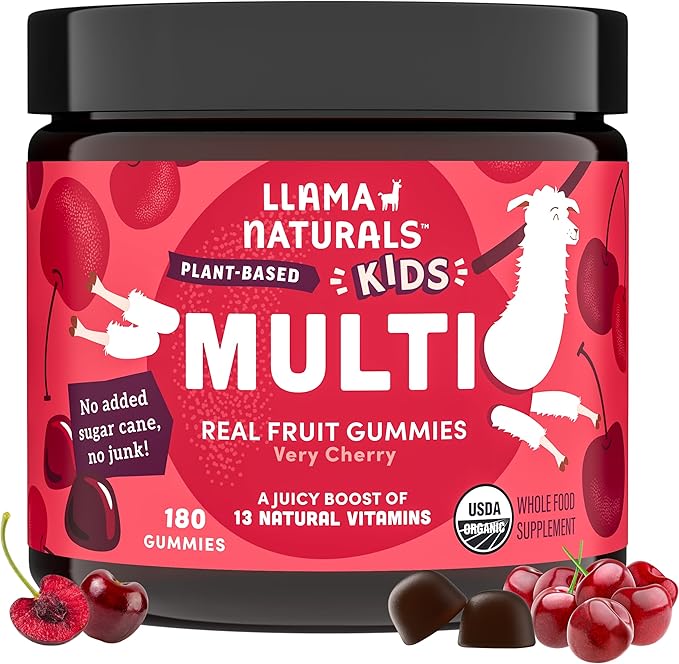Llama Naturals Kids Multivitamin Gummies | Real Fruit, No Added Sugar Cane | Organic Vegan Toddler Whole Food Vitamins | Vitamin D, C & Beta Carotene Gummy Supplement | Cherry 180 Ct (2-3 Months)