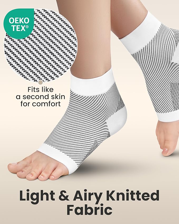KEMFORD Ankle Compression Sleeve - 1-Pair, Plantar Fasciitis Braces - Open Toe Compression Socks for Swelling, Sprain, Neuropathy, Foot Arch Support for Men and Women - 20-30mmhg, L, White and Black