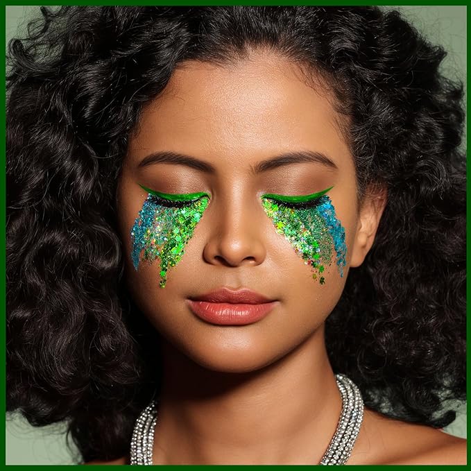 Teenitor Green Face Glitter, 6 Shapes Face and Body Glitter, Hair Glitter Gel, Body Glitter Gel for Festival Makeup, Makeup Glitter for Face, Body, Hair