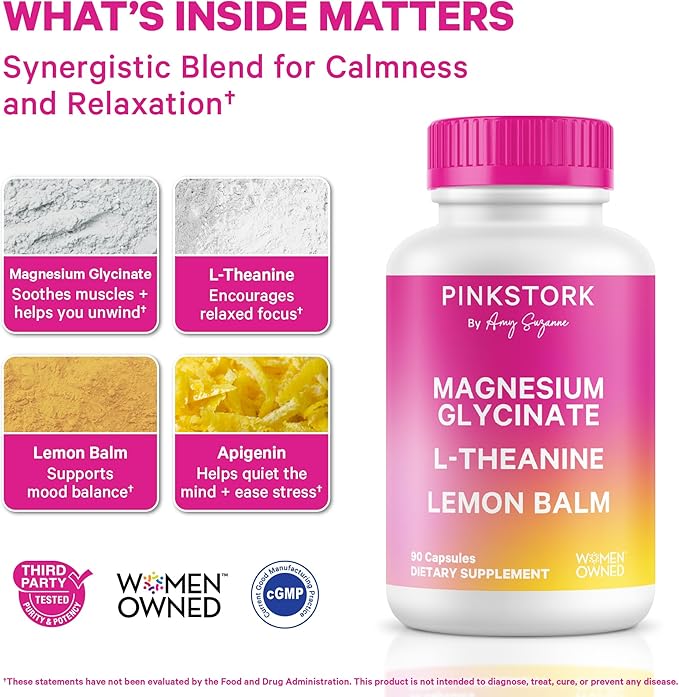 Pink Stork Magnesium Glycinate, L-Theanine, Lemon Balm - Melatonin-Free Magnesium for Sleep Support - Natural Calm and Relaxation - 90 Capsules