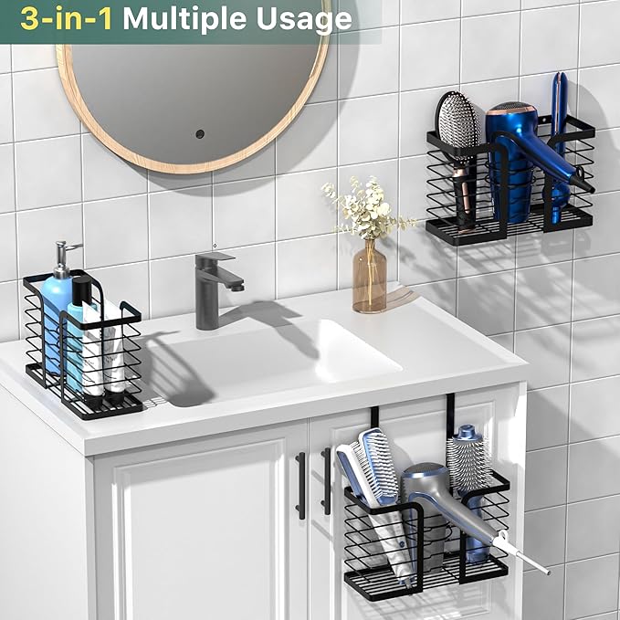 YIGII Hair Dryer Holder - Hair Tool Organizer 3-in-1 Blow Dryer Holder Adjustable Height, Bathroom Organizer Wall Mounted/Cabinet Door for Flat/Curling Irons, Hair Straighteners