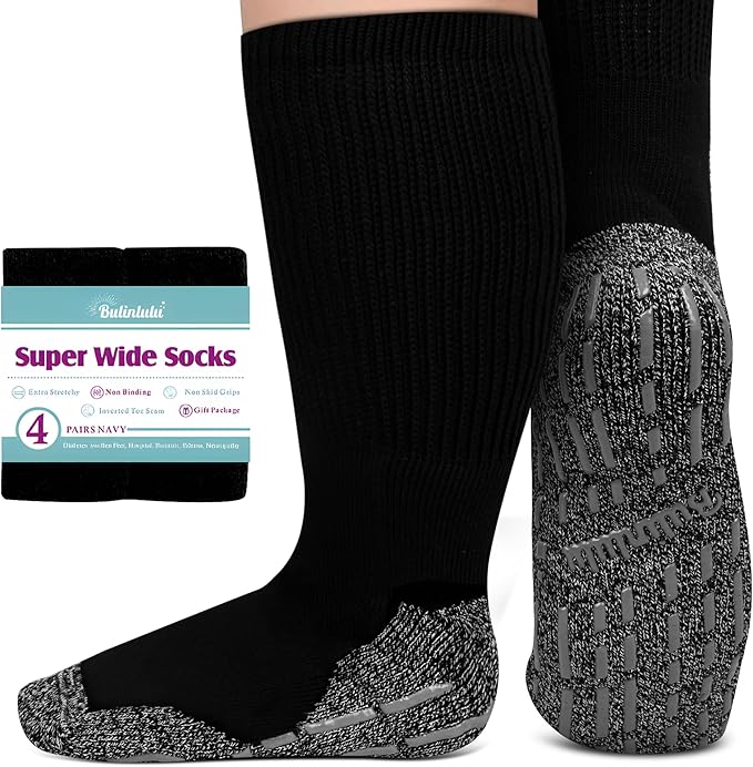 Bulinlulu Extra Width Socks for Swollen Feet-4 Pairs Hospital Grip Socks,Bariatric Socks,Diabetic Socks for Women Men 13-15