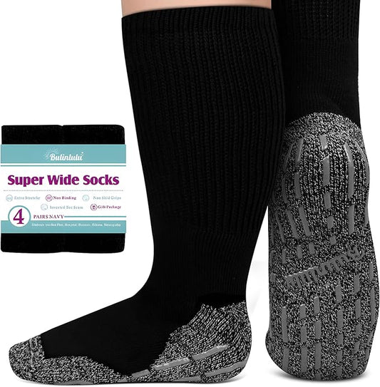 Bulinlulu Extra Width Socks for Swollen Feet-4 Pairs Hospital Grip Socks,Bariatric Socks,Diabetic Socks for Women Men 13-15