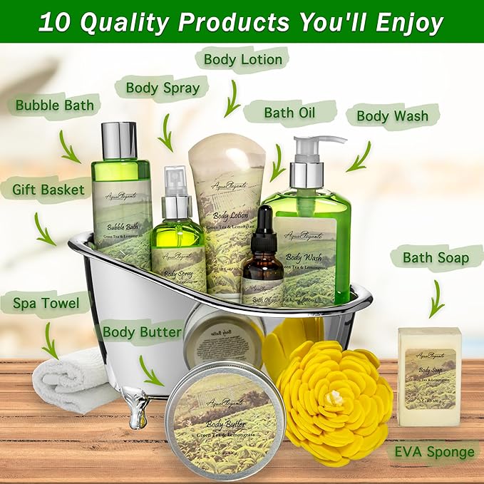 Spa Gift Baskets For Women - Luxury Bath Set With Green Tea & Lemongrass - Spa Kit Includes Body Wash, Bubble Bath, Lotion, Body Butter, Soap, Shower Puff, and Towel