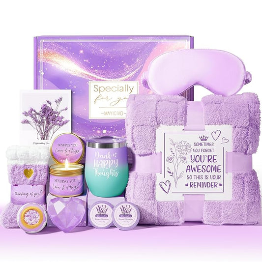 Birthday Gifts for Women, Self Care Get Well Soon Gift Baskets for Women, Lavender Relaxing Spa Gift Care Package w/ Blanket, Unique Valentines Day Gifts Idea for Her Wife Girlfriend Mom Friend Sister