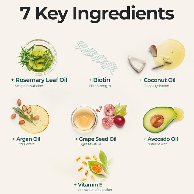 Rosemary Oil for Hair Growth + Head Massager Set | Strengthening Biotin + Coconut Oil – Hair Thickening Serum – Dry, Frizzy, Split Ends & Damaged Scalp Treatment – Color Safe, All Hair Types