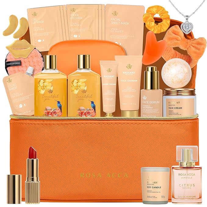 25 Pcs Valentines Day Gifts for Women, Bergamot & Rose Bath & Body Gift Set, Hydrating Skin Care Kit, Pamper Self Care Gifts, Leather Bag, Serum, Necklace, Christmas, Birthday, Mothers Day