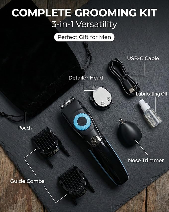 Beard Trimmer for Men, 120-Min Cordless Runtime, 0.5mm Precision Dial (40 Settings) - Constant Power Motor & IPX7 Waterproof Hair Clipper Kit with Detailer & Nose Trimmer, USB-C Quick Charge
