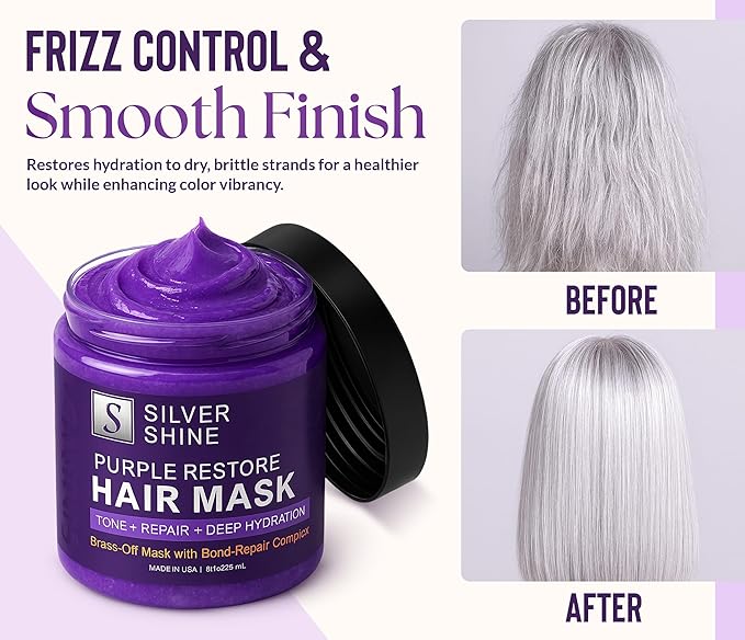 Silver Shine Purple Hair Mask for Gray Hair – Deep Conditioning Toner Treatment to Neutralize Brassiness, Restore Moisture & Brighten Dull Hair – Paraben & Sulfate Free, Made in USA, 8oz