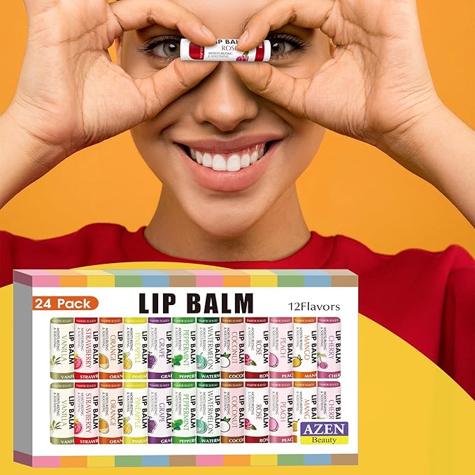 AZEN 24 Pack Lip Balm, Natural Lip Balm Bulk, Lip Care Product, Moisturizing Lip Balms for dry cracked lips - 12 Flavors