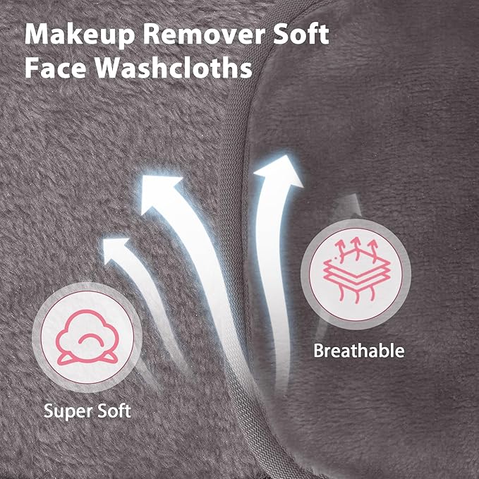 Makeup Remover Cloth, 6" x 6" Make Up Towels Reusable Face Cloth for Washing Face, Makeup Remover Pads Microfiber Face Washcloth with Mesh Bag, Just Water, 12 Pack, Cool Grey