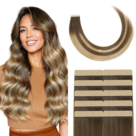 GOO GOO Tape in Hair Extensions Human Hair, 4/27/4 Balayage Chocolate Brown to Caramel Blonde, 4cm Wide Tape, 20inch 20pcs 80g, Real Human Hair, Seamless Tape in, Instant Length&Volume