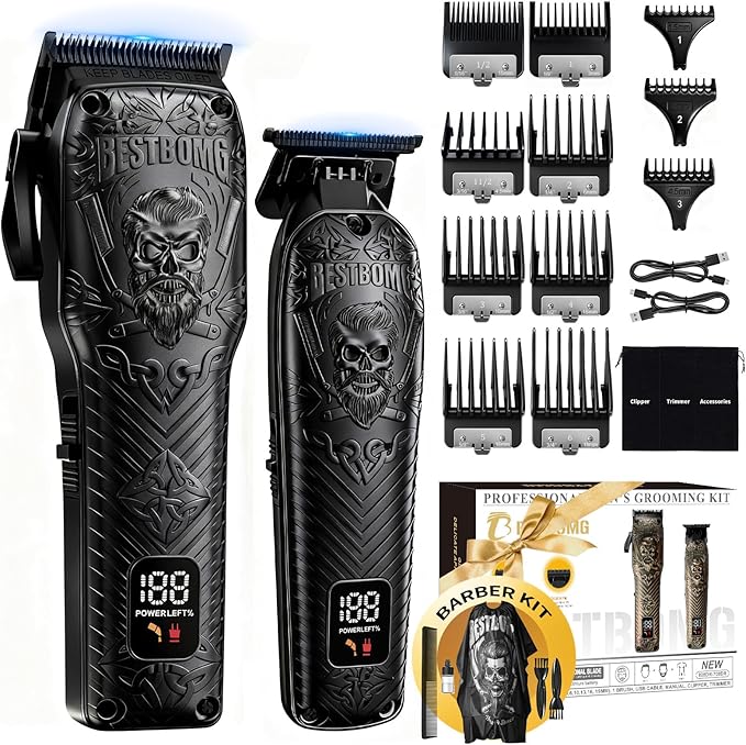 BESTBOMG Professional Cordless Mens Hair Clippers & Beard Trimmer Kits & Sets,Metal Hair Clippers Cutting Grooming Kit with Long Battery Life for Family Barber Use (Black)