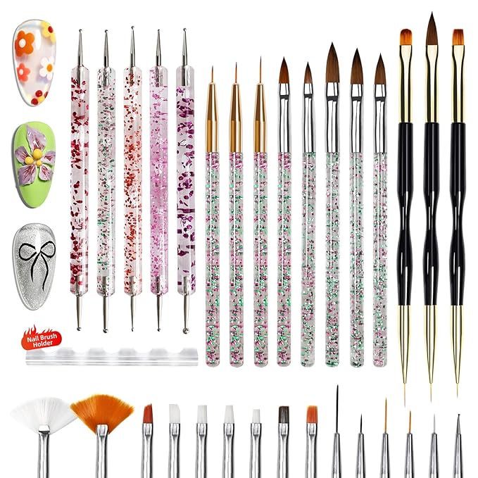 JODSONE 32Pcs Nail Art Brushes kit,Nail Art Tool Set,Dotting Tools,French Manicure,Dust Brush,Striping Brushes for Long Lines,Drawing Pen Painting Pen for Gel Polish Design Supply