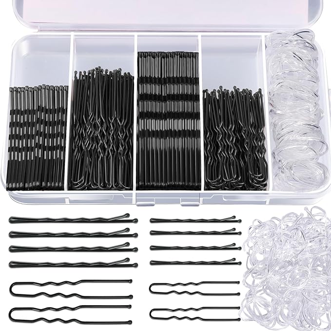 Teenitor 300pcs Hair Pins Bobby Pins Black, 100 Black Bobby Pins 2" 2.75"100 Hair Pins for Women and 100 Clear Hair Bands Kit, U Pins for Buns 2" 2.36"