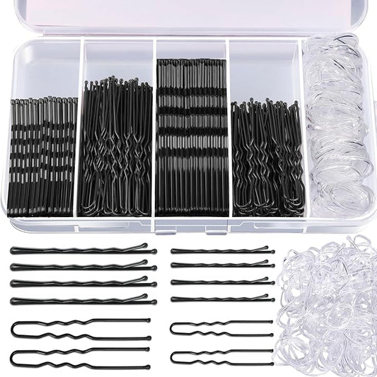 Teenitor 300pcs Hair Pins Bobby Pins Black, 100 Black Bobby Pins 2" 2.75"100 Hair Pins for Women and 100 Clear Hair Bands Kit, U Pins for Buns 2" 2.36"