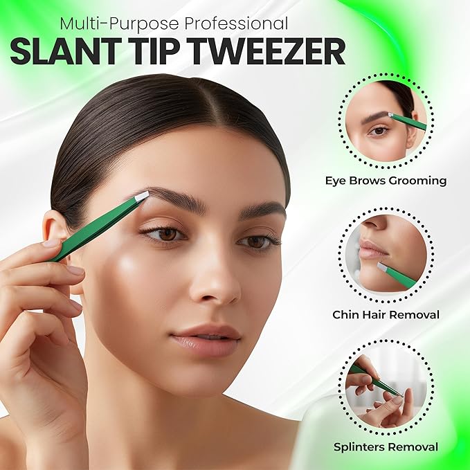 Stainless Steel Mini Slant Tweezer - Professional Precision Eyebrow Tweezers for Women & Men, Rust-Proof Travel Grooming Tool for Facial Hair Removal, Chin Hair & Ingrowns (Matte Forest Green)