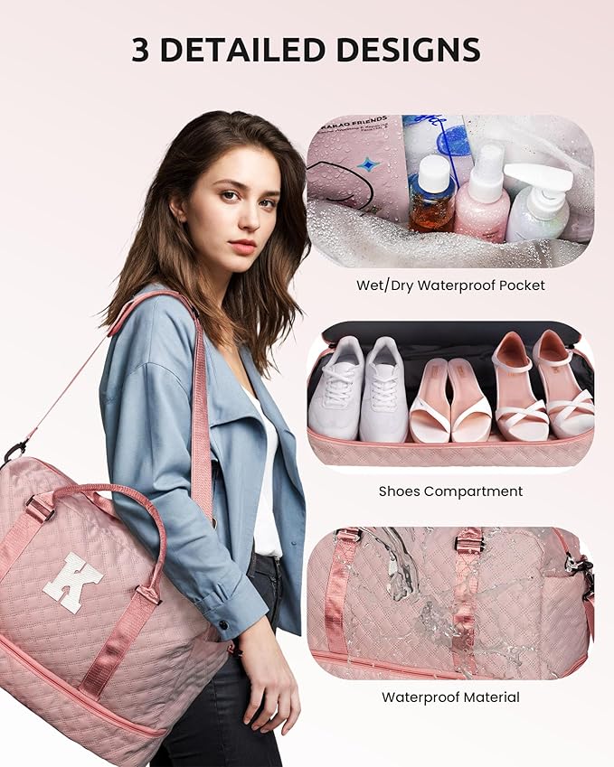 Retirement Gift for Woman-Duffle Bag with Shoe Compartment, Kids Weekender Bags, Overnight Bag with Makeup Pouch, Gifts for 10 11 12 13 14 15 16 Year Old Kid-Birthday Gifts for Her (Letter K)